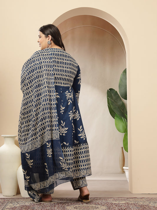Stylum Women's Plus Size Blue Floral Printed Cotton Anarkali Kurta Pant Dupatta Set (KPDINDIGOOMANPLUS)
