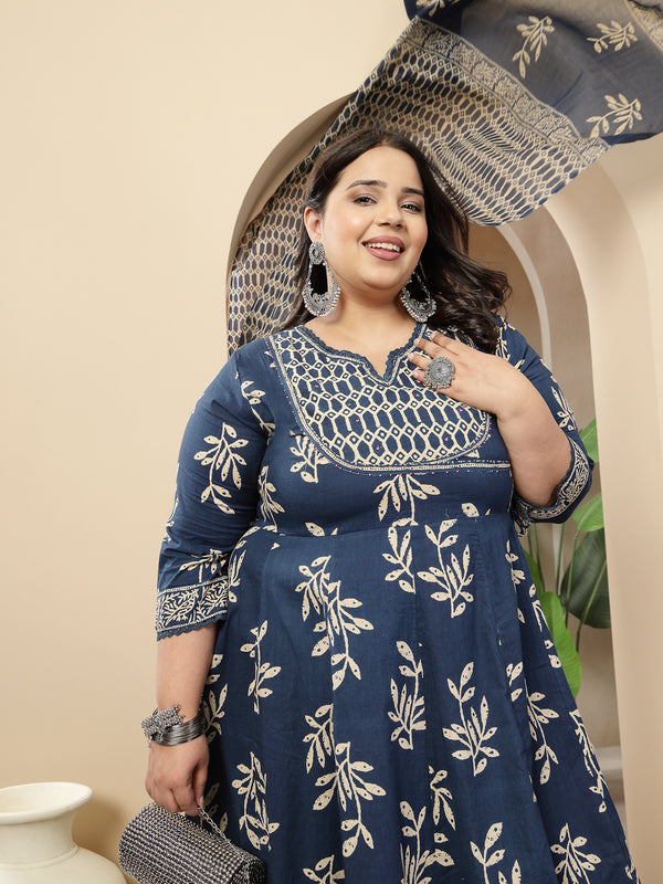 Stylum Women's Plus Size Blue Floral Printed Cotton Anarkali Kurta Pant Dupatta Set (KPDINDIGOOMANPLUS)