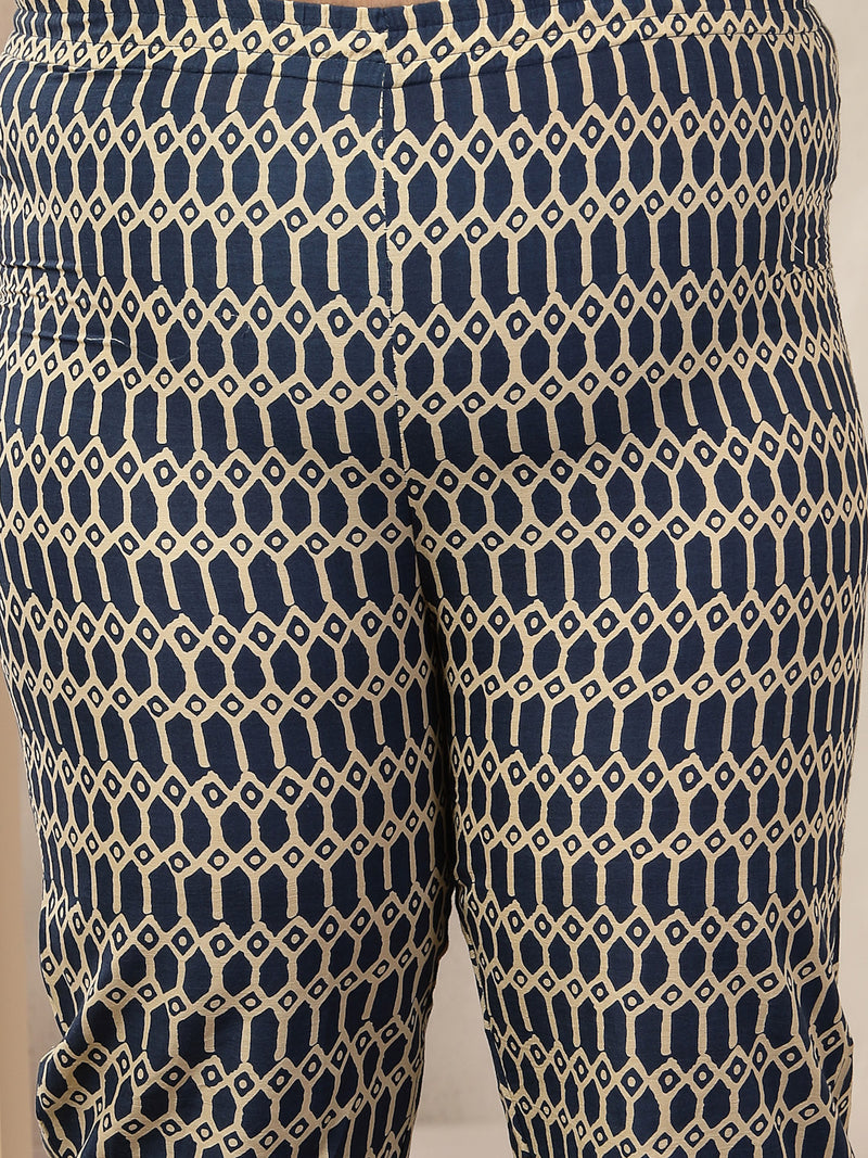 Stylum Women's Plus Size Blue Floral Printed Cotton Anarkali Kurta Pant Dupatta Set (KPDINDIGOOMANPLUS)