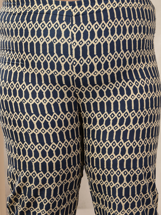 Stylum Women's Plus Size Blue Floral Printed Cotton Anarkali Kurta Pant Dupatta Set (KPDINDIGOOMANPLUS)