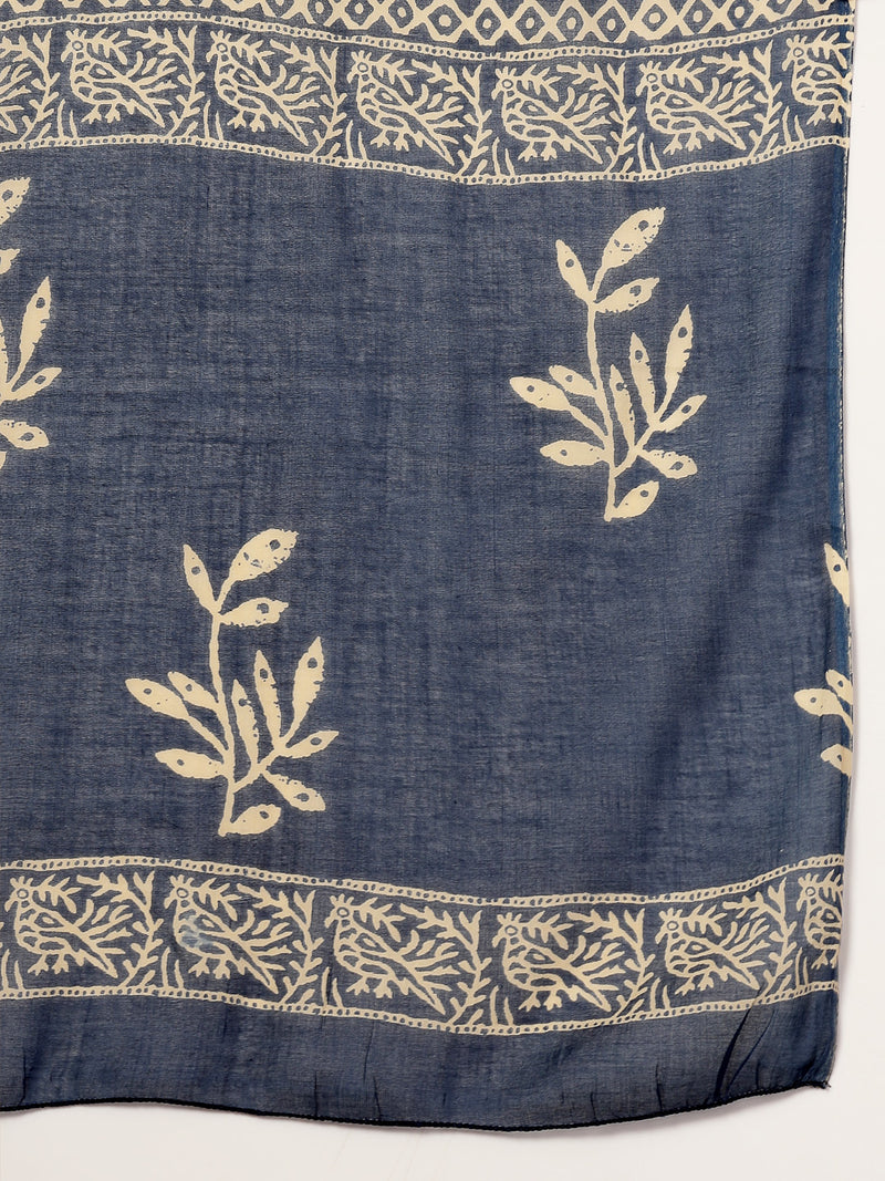 Stylum Women's Plus Size Blue Floral Printed Cotton Anarkali Kurta Pant Dupatta Set (KPDINDIGOOMANPLUS)