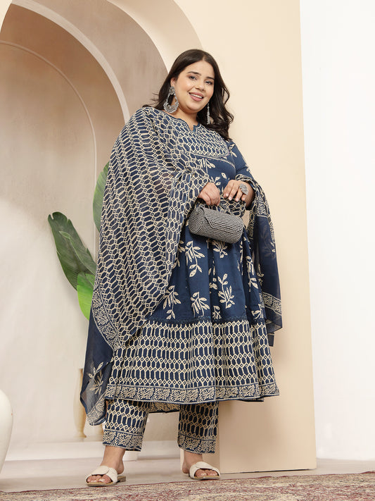 Stylum Women's Plus Size Blue Floral Printed Cotton Anarkali Kurta Pant Dupatta Set (KPDINDIGOOMANPLUS)