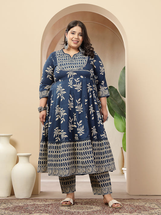 Stylum Women's Plus Size Blue Floral Printed Cotton Anarkali Kurta Pant Dupatta Set (KPDINDIGOOMANPLUS)