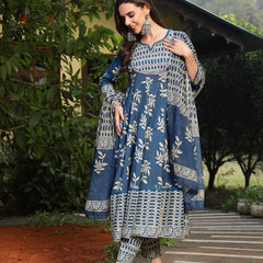 Stylum Women's Blue Floral Printed Cotton Anarkali Kurta Pant Dupatta Set (KPDINDIGOOMAN)