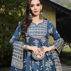 Stylum Women's Blue Floral Printed Cotton Anarkali Kurta Pant Dupatta Set (KPDINDIGOOMAN)
