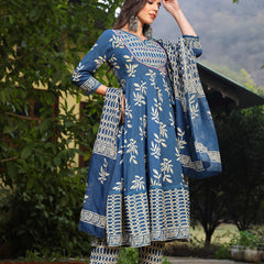 Stylum Women's Blue Floral Printed Cotton Anarkali Kurta Pant Dupatta Set (KPDINDIGOOMAN)