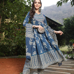 Stylum Women's Blue Floral Printed Cotton Anarkali Kurta Pant Dupatta Set (KPDINDIGOOMAN)