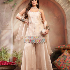 Stylum Women's Ivory Solid & Embroidered Organza Straight Kurti Palazzo Dupatta Set (KPDIVORYAAMNA)