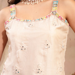 Stylum Women's Ivory Solid & Embroidered Organza Straight Kurti Palazzo Dupatta Set (KPDIVORYAAMNA)