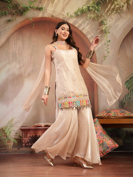Stylum Women's Ivory Solid & Embroidered Organza Straight Kurti Palazzo Dupatta Set (KPDIVORYAAMNA)