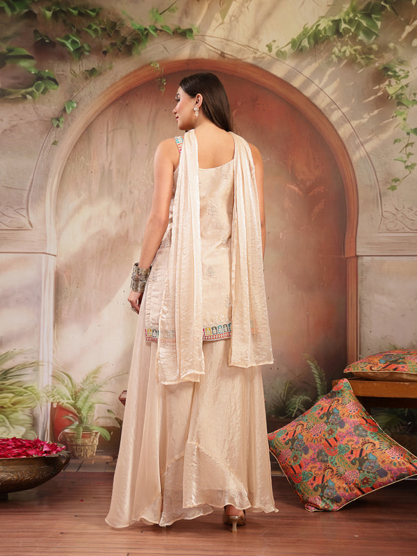 Stylum Women's Ivory Solid & Embroidered Organza Straight Kurti Palazzo Dupatta Set (KPDIVORYAAMNA)