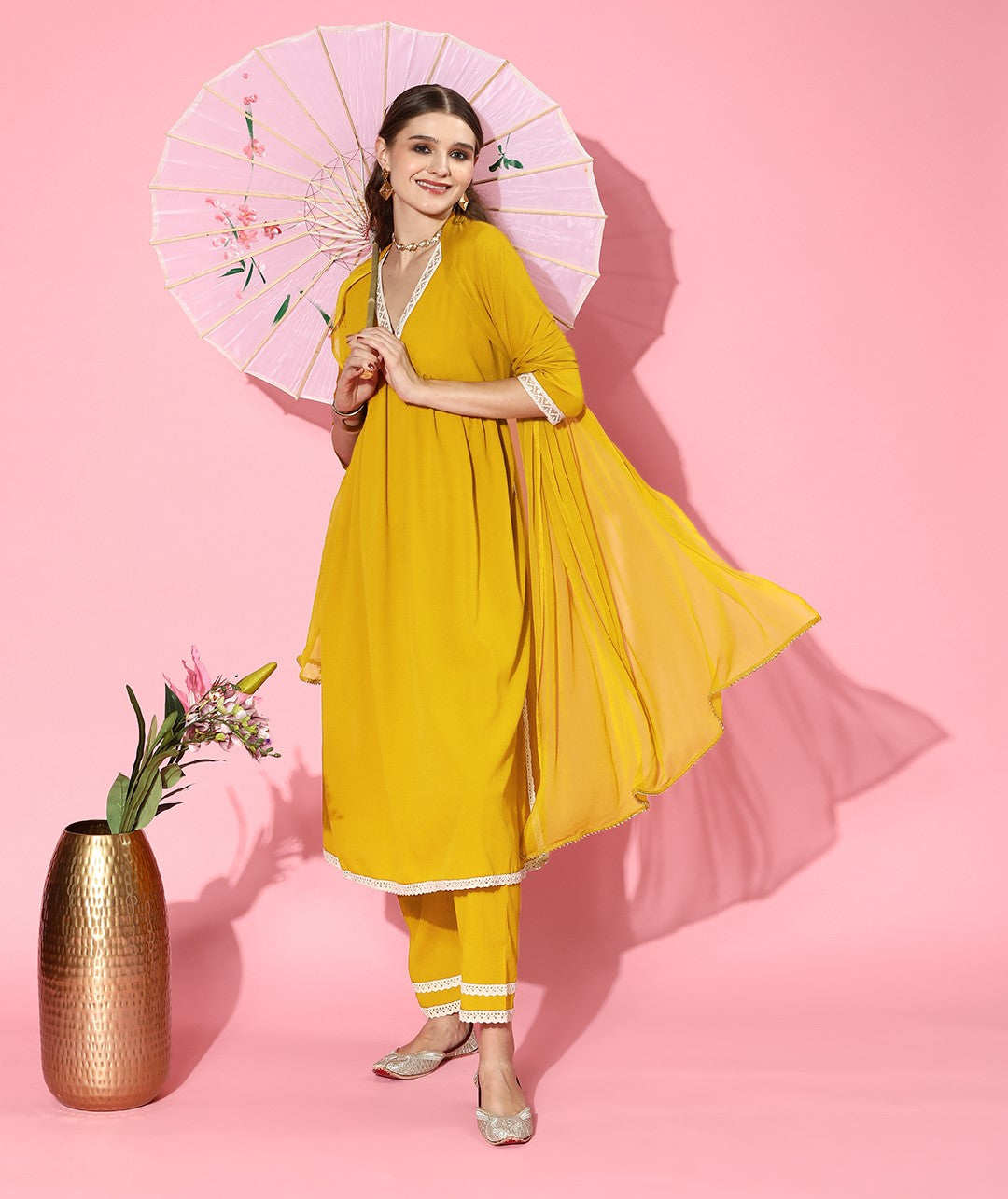 Yellow Naira cut Kurta Pant Dupatta Set