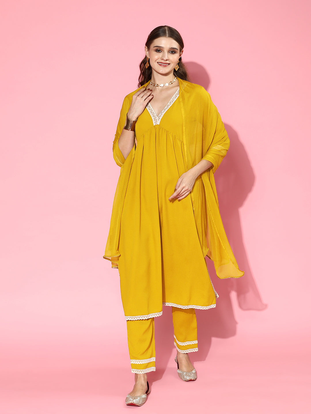 Yellow Naira cut Kurta Pant Dupatta Set