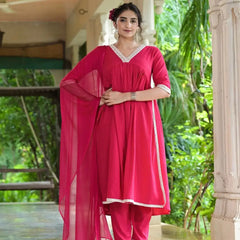 Stylum Women's Solid Rayon Naira cut Kurta Pant Dupatta Set (KPDJANVIPINK)