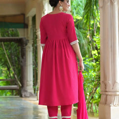 Stylum Women's Solid Rayon Naira cut Kurta Pant Dupatta Set (KPDJANVIPINK)