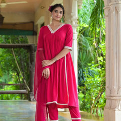 Stylum Women's Solid Rayon Naira cut Kurta Pant Dupatta Set (KPDJANVIPINK)