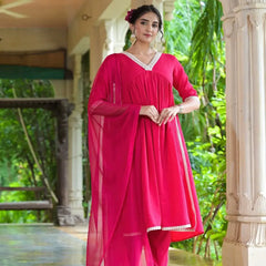 Stylum Women's Solid Rayon Naira cut Kurta Pant Dupatta Set (KPDJANVIPINK)