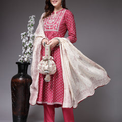 Stylum Women's Bandhej Printed & Embroidered Rayon Anarkali Kurta Pant Dupatta Set (KPDKALPA)