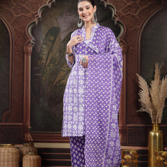 Stylum Women's Lavender Floral Printed Cotton Straight Kurta Pant Dupatta Set (KPDLAVENDERAMARA)