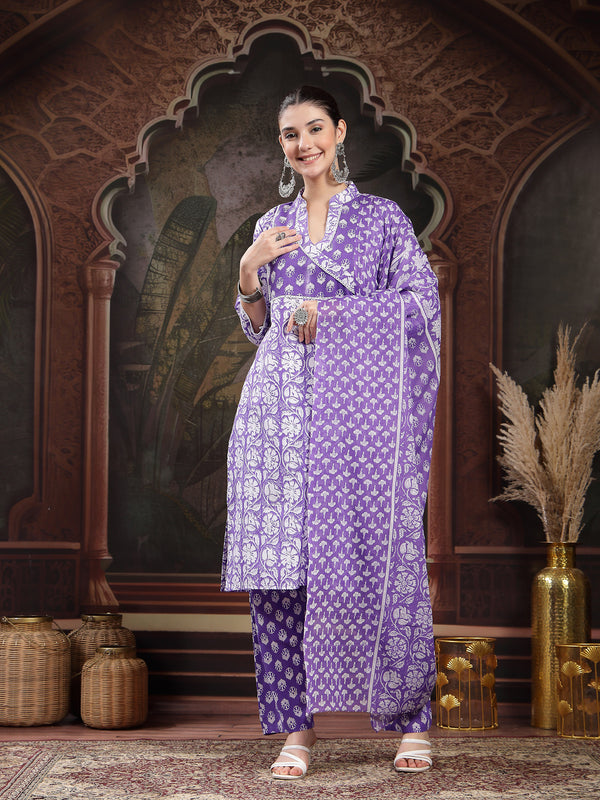Stylum Women's Lavender Floral Printed Cotton Straight Kurta Pant Dupatta Set (KPDLAVENDERAMARA)
