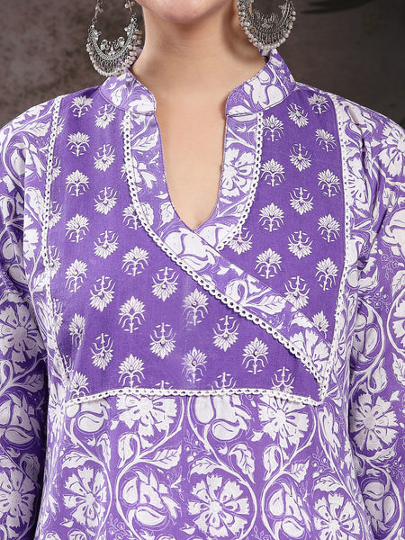 Stylum Women's Lavender Floral Printed Cotton Straight Kurta Pant Dupatta Set (KPDLAVENDERAMARA)