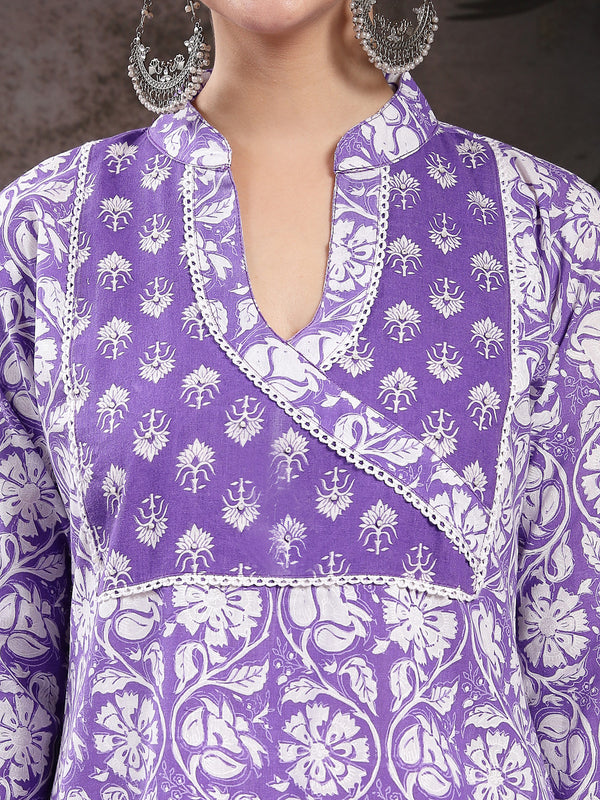 Stylum Women's Lavender Floral Printed Cotton Straight Kurta Pant Dupatta Set (KPDLAVENDERAMARA)