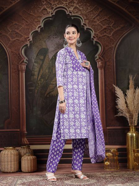 Stylum Women's Lavender Floral Printed Cotton Straight Kurta Pant Dupatta Set (KPDLAVENDERAMARA)