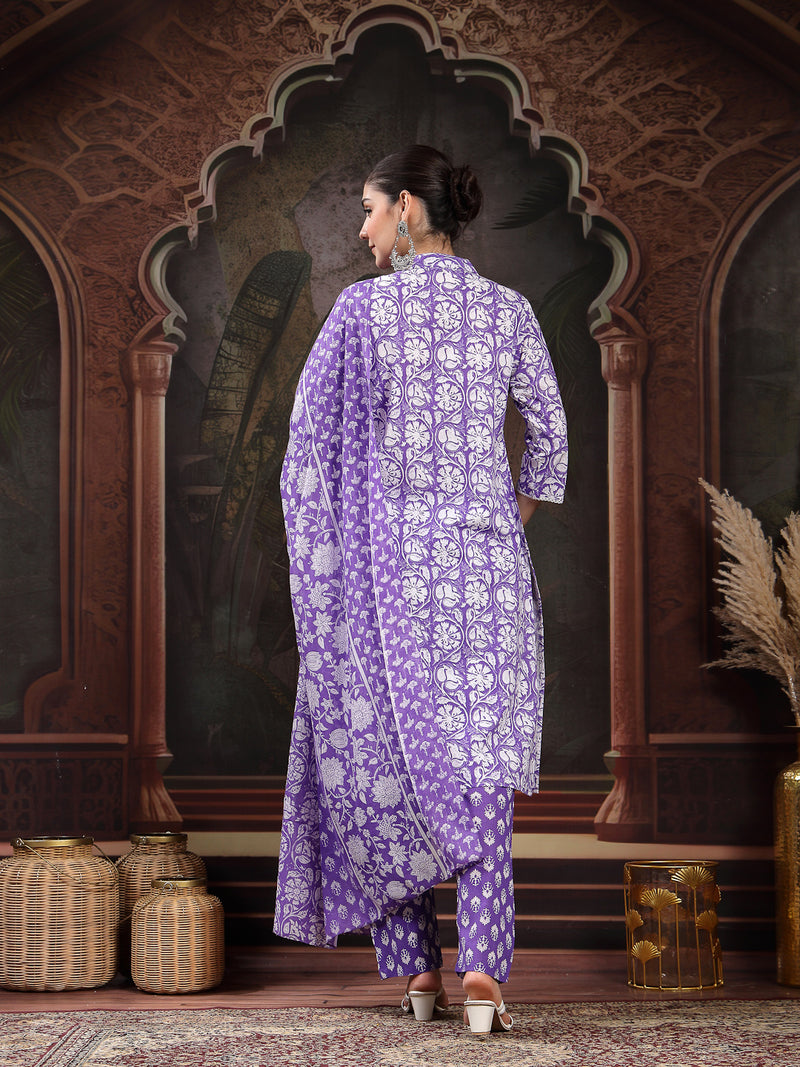 Stylum Women's Lavender Floral Printed Cotton Straight Kurta Pant Dupatta Set (KPDLAVENDERAMARA)