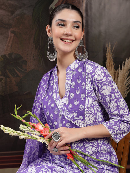 Stylum Women's Lavender Floral Printed Cotton Straight Kurta Pant Dupatta Set (KPDLAVENDERAMARA)