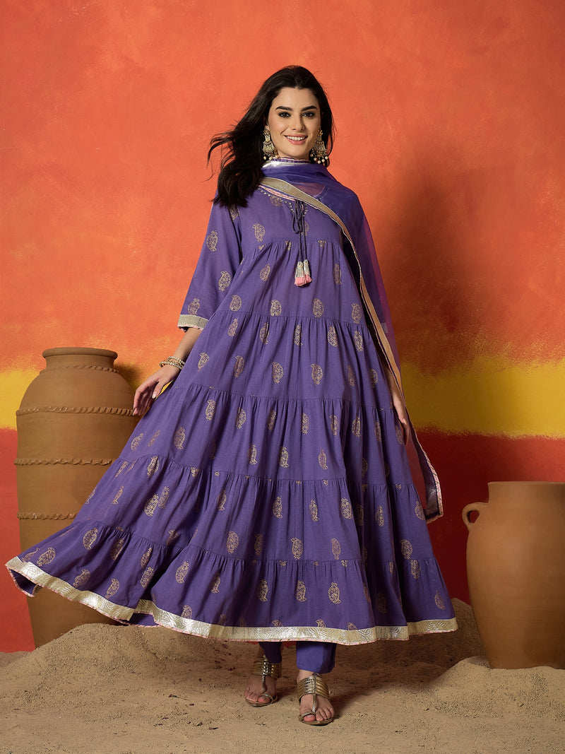 Stylum Women's Lavender Paisley Gold Printed Pure Cotton Anarkali Kurta Pant Dupatta Set (KPDLAVENDERANVAT)