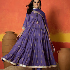 Stylum Women's Lavender Paisley Gold Printed Pure Cotton Anarkali Kurta Pant Dupatta Set (KPDLAVENDERANVAT)