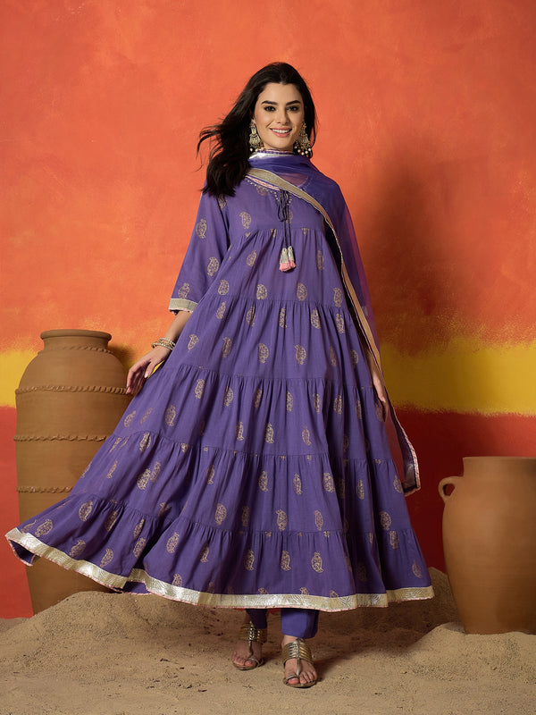 Stylum Women's Lavender Paisley Gold Printed Pure Cotton Anarkali Kurta Pant Dupatta Set (KPDLAVENDERANVAT)