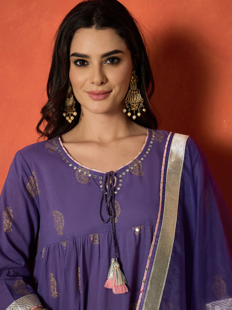 Stylum Women's Lavender Paisley Gold Printed Pure Cotton Anarkali Kurta Pant Dupatta Set (KPDLAVENDERANVAT)