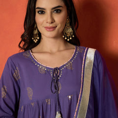 Stylum Women's Lavender Paisley Gold Printed Pure Cotton Anarkali Kurta Pant Dupatta Set (KPDLAVENDERANVAT)