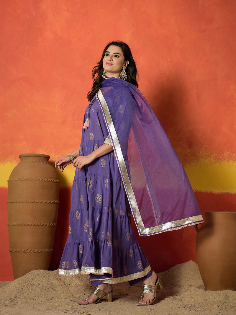Stylum Women's Lavender Paisley Gold Printed Pure Cotton Anarkali Kurta Pant Dupatta Set (KPDLAVENDERANVAT)