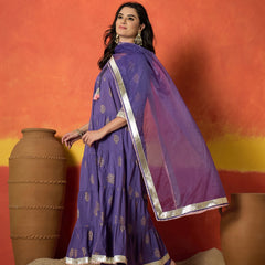 Stylum Women's Lavender Paisley Gold Printed Pure Cotton Anarkali Kurta Pant Dupatta Set (KPDLAVENDERANVAT)