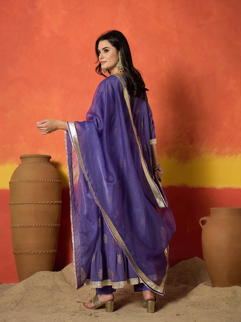 Stylum Women's Lavender Paisley Gold Printed Pure Cotton Anarkali Kurta Pant Dupatta Set (KPDLAVENDERANVAT)
