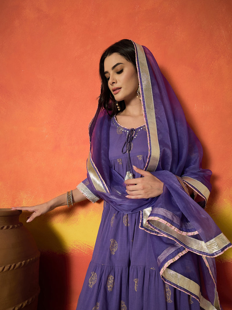 Stylum Women's Lavender Paisley Gold Printed Pure Cotton Anarkali Kurta Pant Dupatta Set (KPDLAVENDERANVAT)