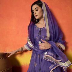 Stylum Women's Lavender Paisley Gold Printed Pure Cotton Anarkali Kurta Pant Dupatta Set (KPDLAVENDERANVAT)