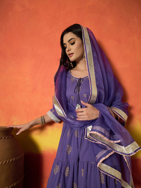 Stylum Women's Lavender Paisley Gold Printed Pure Cotton Anarkali Kurta Pant Dupatta Set (KPDLAVENDERANVAT)