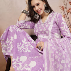 Stylum Women's Lavender Ethnic Motif Printed Cotton A-Line Kurta Pant Dupatta Set (KPDLAVENDERBALI)