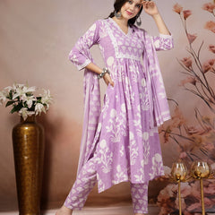 Stylum Women's Lavender Ethnic Motif Printed Cotton A-Line Kurta Pant Dupatta Set (KPDLAVENDERBALI)