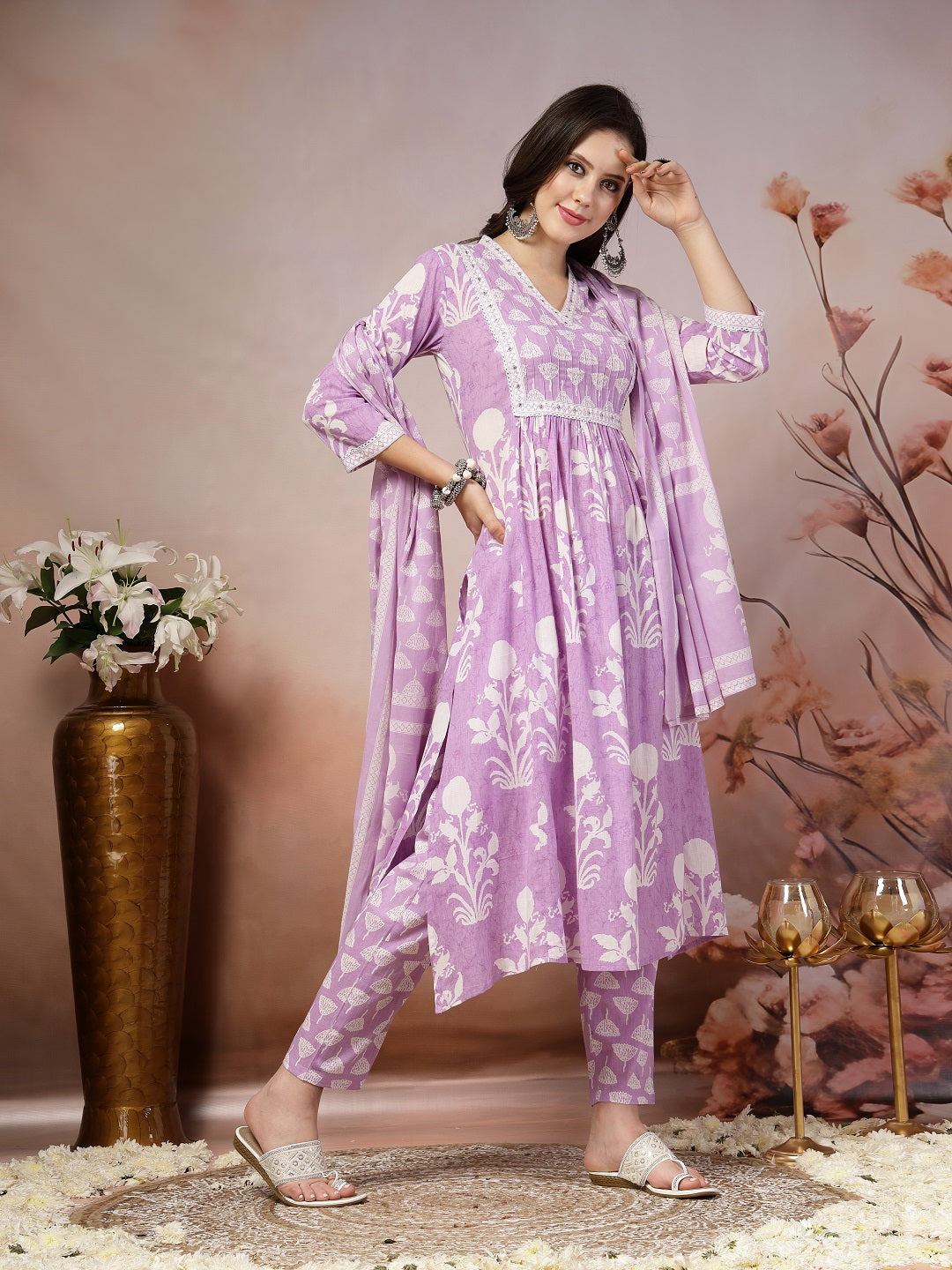 Stylum Women's Lavender Ethnic Motif Printed Cotton A-Line Kurta Pant Dupatta Set (KPDLAVENDERBALI)