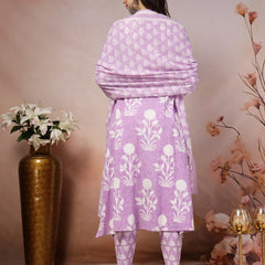Stylum Women's Lavender Ethnic Motif Printed Cotton A-Line Kurta Pant Dupatta Set (KPDLAVENDERBALI)