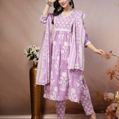 Stylum Women's Lavender Ethnic Motif Printed Cotton A-Line Kurta Pant Dupatta Set (KPDLAVENDERBALI)