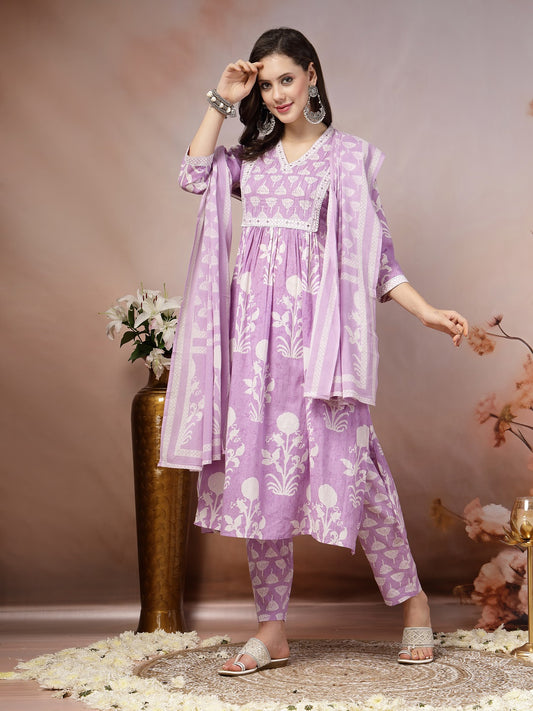 Stylum Women's Lavender Ethnic Motif Printed Cotton A-Line Kurta Pant Dupatta Set (KPDLAVENDERBALI)