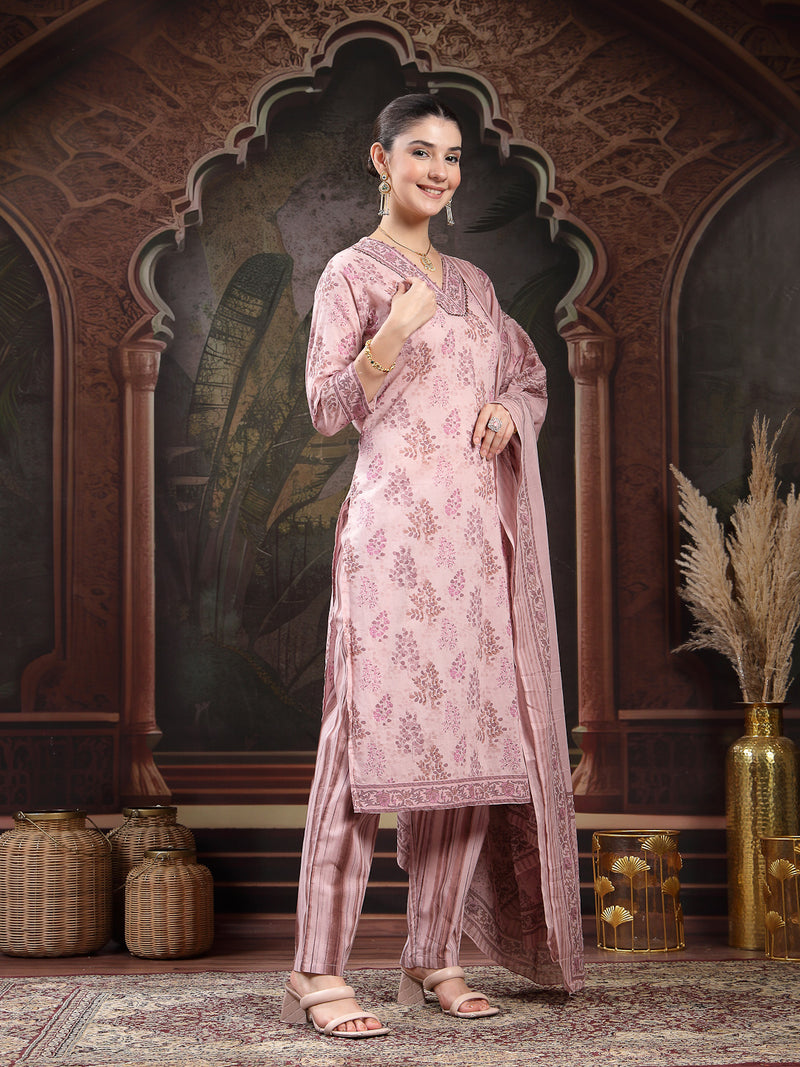 Stylum Women's Lavender Ethnic Printed Cotton Straight Kurta Pant Dupatta Set (KPDLAVENDERGEO)