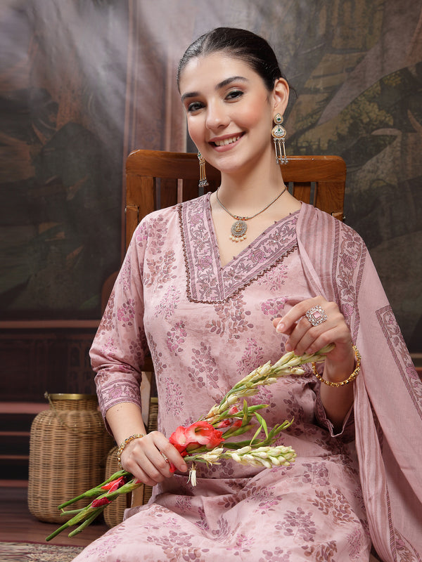 Stylum Women's Lavender Ethnic Printed Cotton Straight Kurta Pant Dupatta Set (KPDLAVENDERGEO)