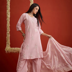 Stylum Women's Lavender Solid & Embroidered Pure Cotton A-Line Kurta Pant Dupattta Set (KPDLAVENDERKOKAM)