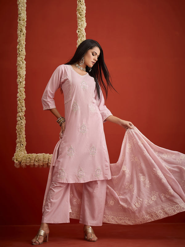 Stylum Women's Lavender Solid & Embroidered Pure Cotton A-Line Kurta Pant Dupattta Set (KPDLAVENDERKOKAM)